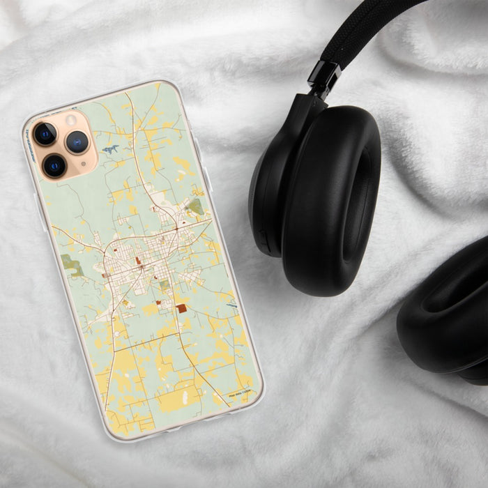 Custom Andalusia Alabama Map Phone Case in Woodblock on Table with Black Headphones