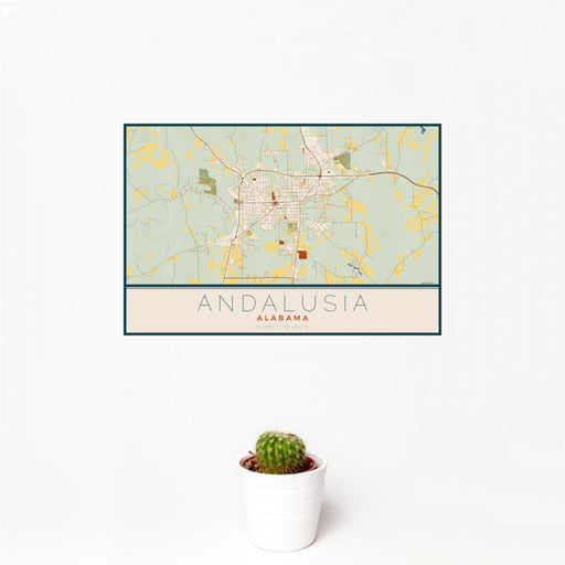 12x18 Andalusia Alabama Map Print Landscape Orientation in Woodblock Style With Small Cactus Plant in White Planter
