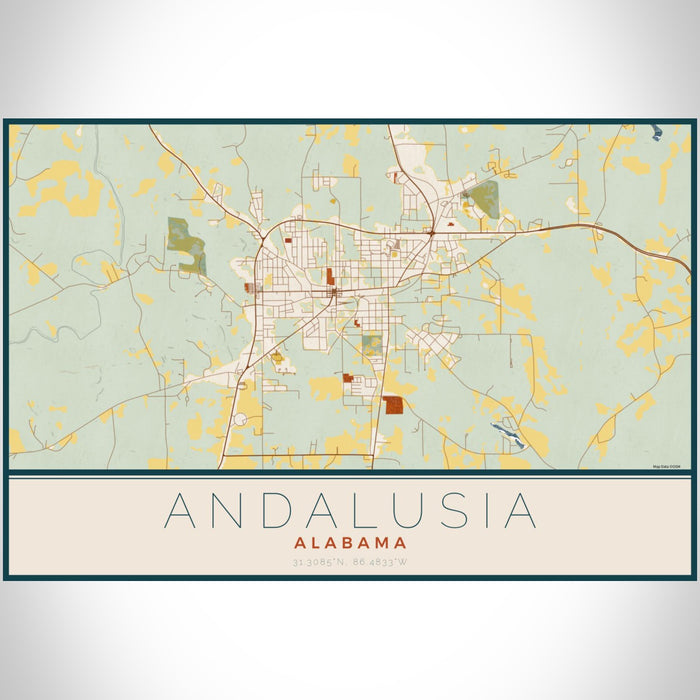 Andalusia Alabama Map Print Landscape Orientation in Woodblock Style With Shaded Background