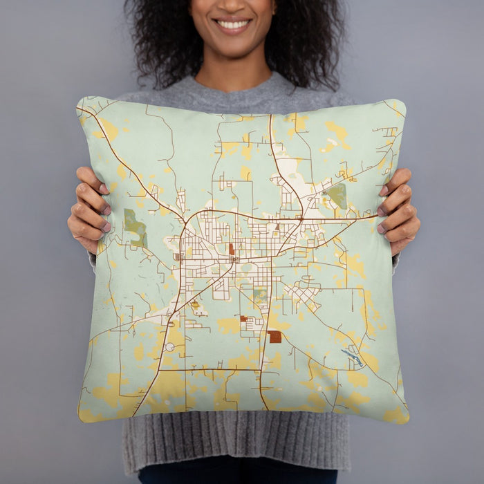 Person holding 18x18 Custom Andalusia Alabama Map Throw Pillow in Woodblock