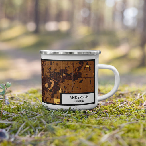 Right View Custom Anderson Indiana Map Enamel Mug in Ember on Grass With Trees in Background