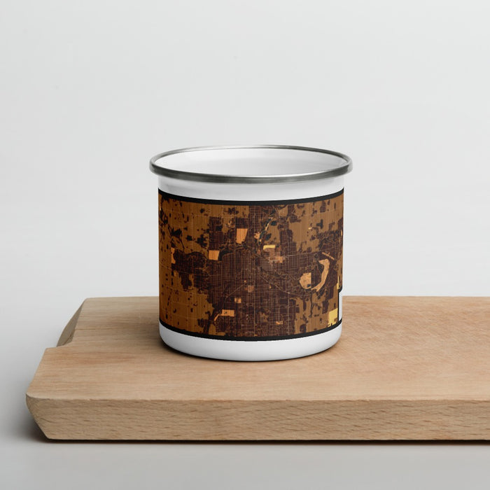 Front View Custom Anderson Indiana Map Enamel Mug in Ember on Cutting Board