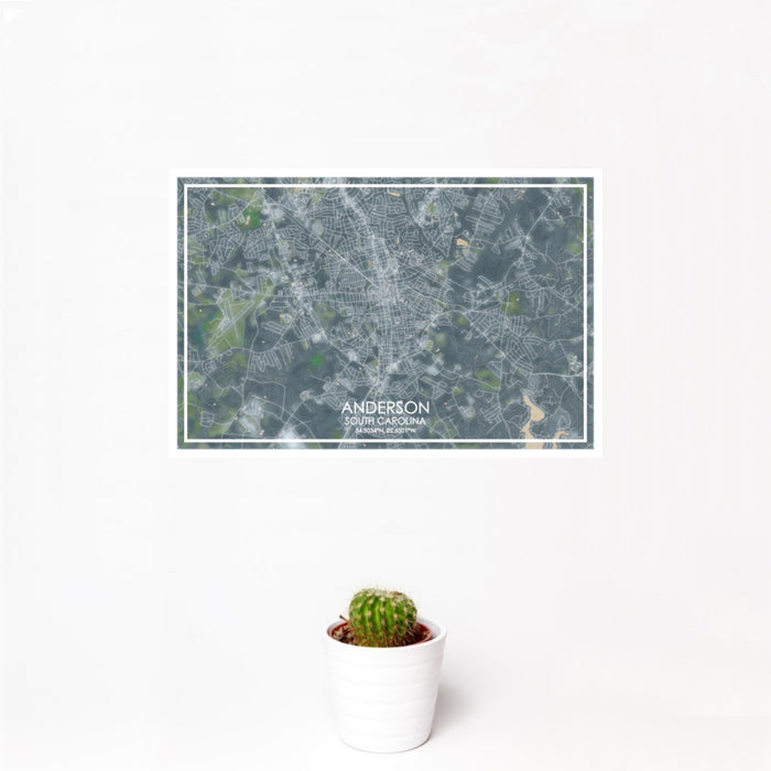 12x18 Anderson South Carolina Map Print Landscape Orientation in Afternoon Style With Small Cactus Plant in White Planter