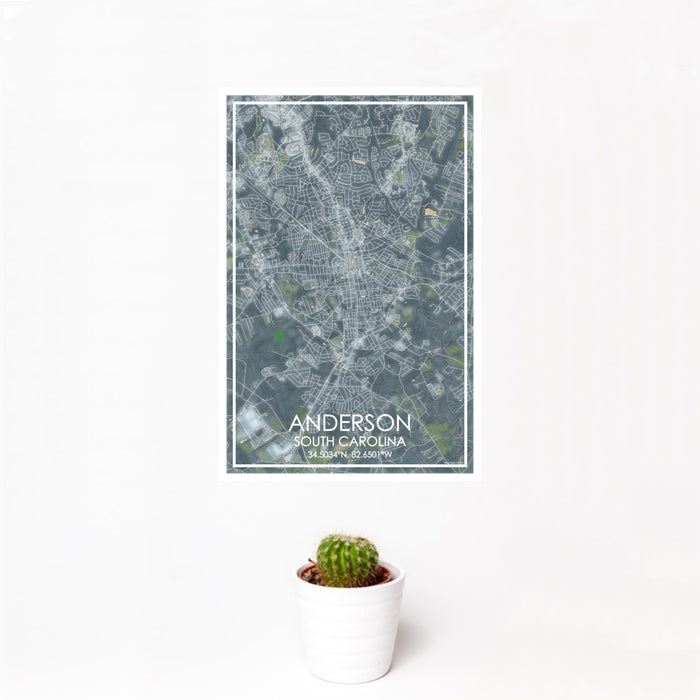12x18 Anderson South Carolina Map Print Portrait Orientation in Afternoon Style With Small Cactus Plant in White Planter