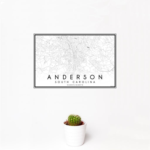 12x18 Anderson South Carolina Map Print Landscape Orientation in Classic Style With Small Cactus Plant in White Planter