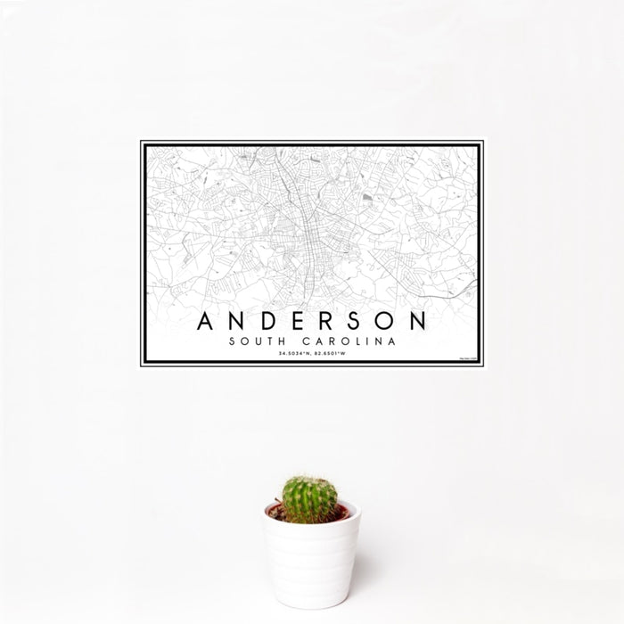 12x18 Anderson South Carolina Map Print Landscape Orientation in Classic Style With Small Cactus Plant in White Planter