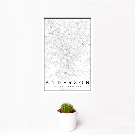 12x18 Anderson South Carolina Map Print Portrait Orientation in Classic Style With Small Cactus Plant in White Planter