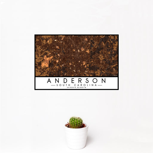 12x18 Anderson South Carolina Map Print Landscape Orientation in Ember Style With Small Cactus Plant in White Planter