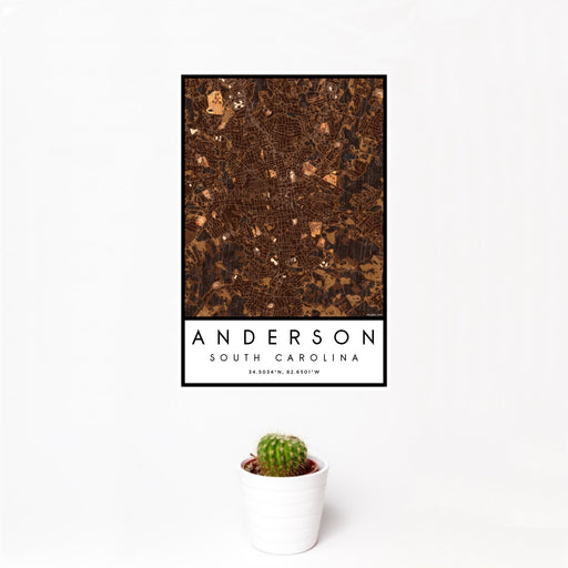 12x18 Anderson South Carolina Map Print Portrait Orientation in Ember Style With Small Cactus Plant in White Planter