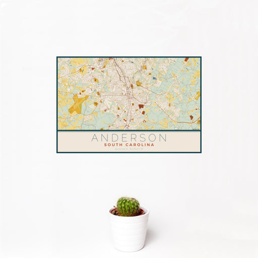 12x18 Anderson South Carolina Map Print Landscape Orientation in Woodblock Style With Small Cactus Plant in White Planter