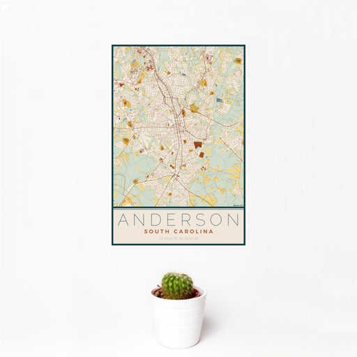 12x18 Anderson South Carolina Map Print Portrait Orientation in Woodblock Style With Small Cactus Plant in White Planter
