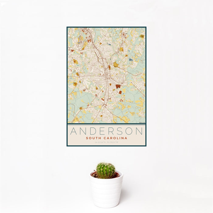 12x18 Anderson South Carolina Map Print Portrait Orientation in Woodblock Style With Small Cactus Plant in White Planter
