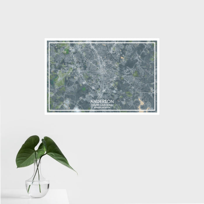16x24 Anderson South Carolina Map Print Landscape Orientation in Afternoon Style With Tropical Plant Leaves in Water