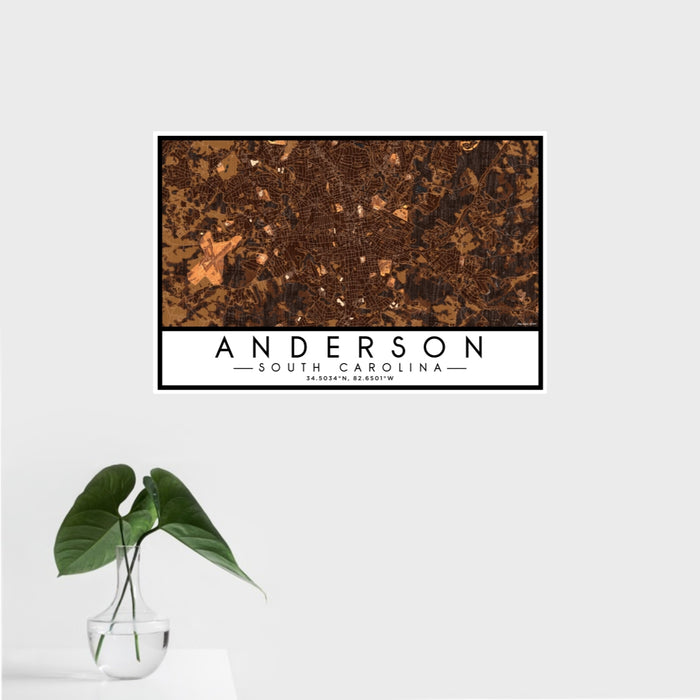 16x24 Anderson South Carolina Map Print Landscape Orientation in Ember Style With Tropical Plant Leaves in Water