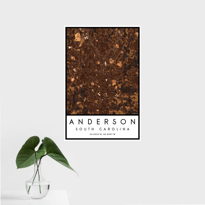 16x24 Anderson South Carolina Map Print Portrait Orientation in Ember Style With Tropical Plant Leaves in Water