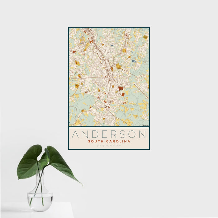 16x24 Anderson South Carolina Map Print Portrait Orientation in Woodblock Style With Tropical Plant Leaves in Water