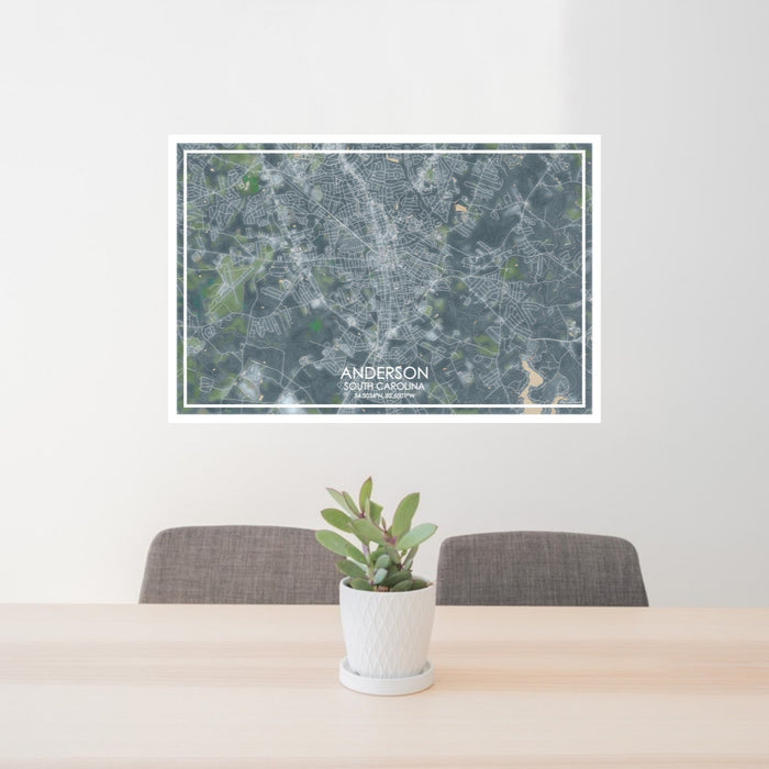 24x36 Anderson South Carolina Map Print Lanscape Orientation in Afternoon Style Behind 2 Chairs Table and Potted Plant