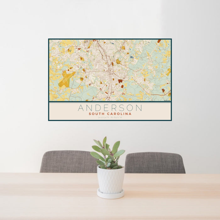 24x36 Anderson South Carolina Map Print Lanscape Orientation in Woodblock Style Behind 2 Chairs Table and Potted Plant