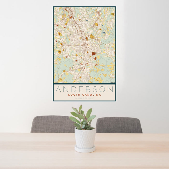 24x36 Anderson South Carolina Map Print Portrait Orientation in Woodblock Style Behind 2 Chairs Table and Potted Plant