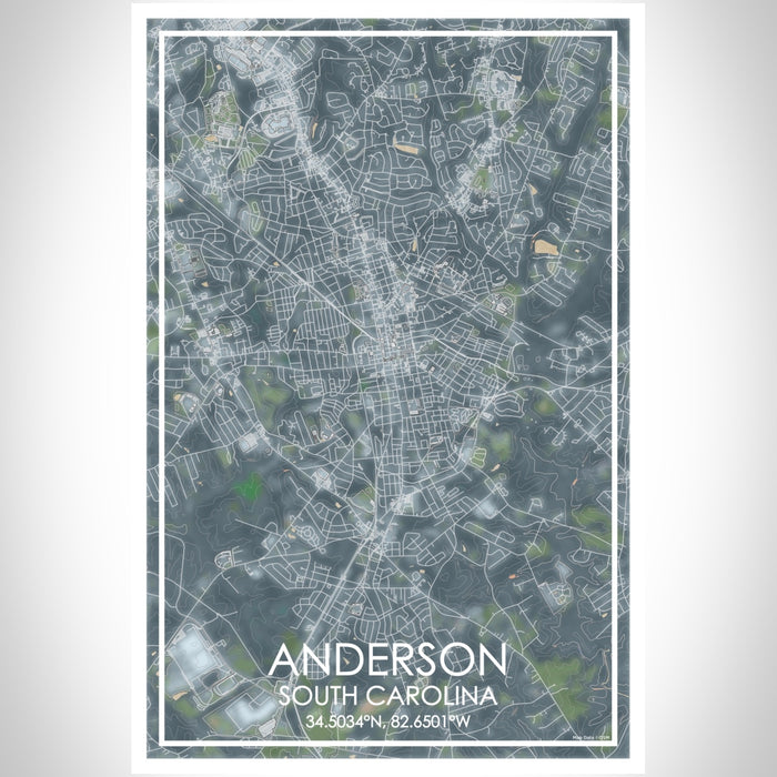 Anderson South Carolina Map Print Portrait Orientation in Afternoon Style With Shaded Background
