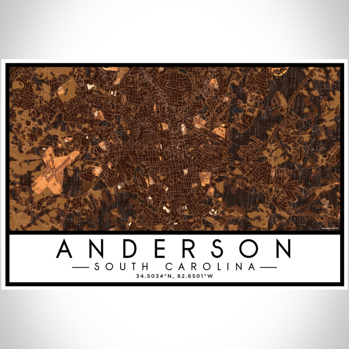 Anderson South Carolina Map Print Landscape Orientation in Ember Style With Shaded Background