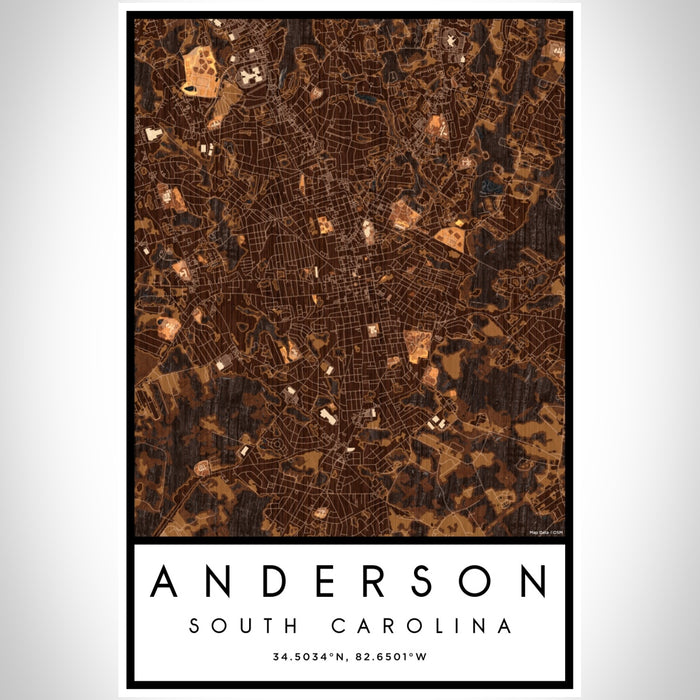 Anderson South Carolina Map Print Portrait Orientation in Ember Style With Shaded Background