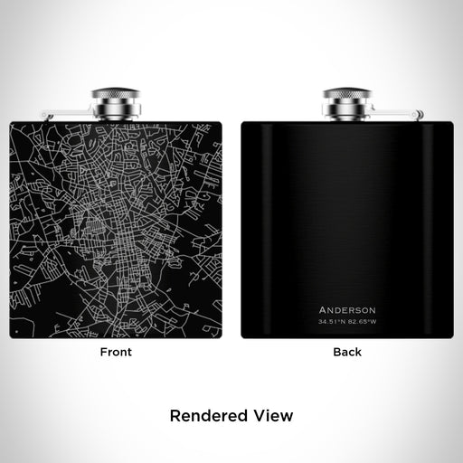 Rendered View of Anderson South Carolina Map Engraving on 6oz Stainless Steel Flask in Black