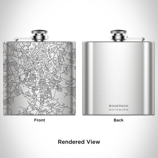 Rendered View of Anderson South Carolina Map Engraving on 6oz Stainless Steel Flask