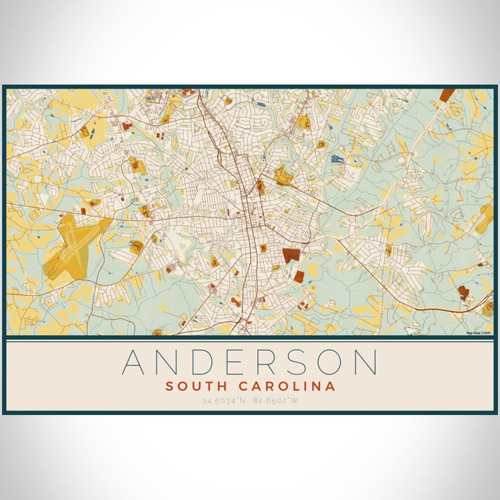 Anderson South Carolina Map Print Landscape Orientation in Woodblock Style With Shaded Background