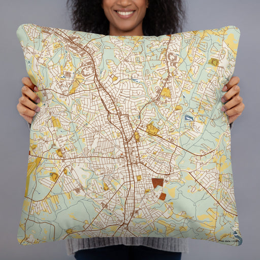 Person holding 22x22 Custom Anderson South Carolina Map Throw Pillow in Woodblock