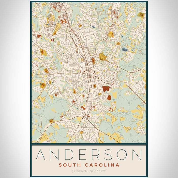 Anderson South Carolina Map Print Portrait Orientation in Woodblock Style With Shaded Background