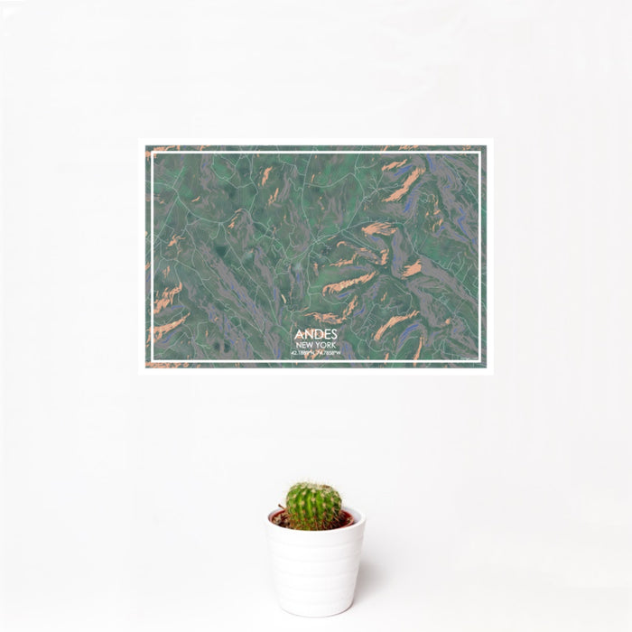 12x18 Andes New York Map Print Landscape Orientation in Afternoon Style With Small Cactus Plant in White Planter