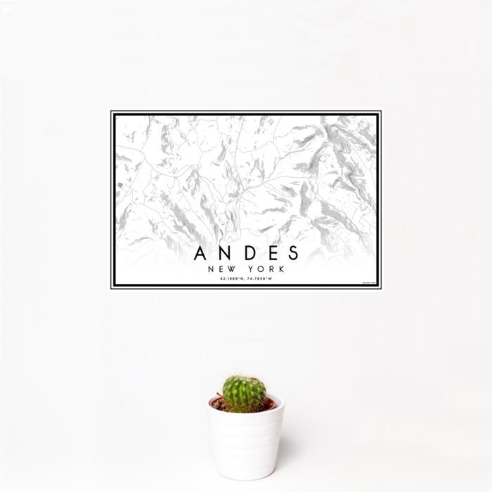 12x18 Andes New York Map Print Landscape Orientation in Classic Style With Small Cactus Plant in White Planter