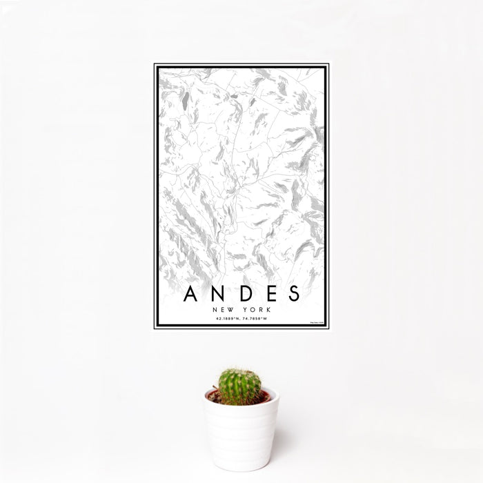 12x18 Andes New York Map Print Portrait Orientation in Classic Style With Small Cactus Plant in White Planter