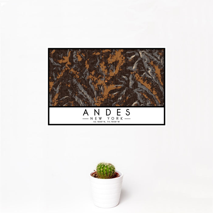 12x18 Andes New York Map Print Landscape Orientation in Ember Style With Small Cactus Plant in White Planter