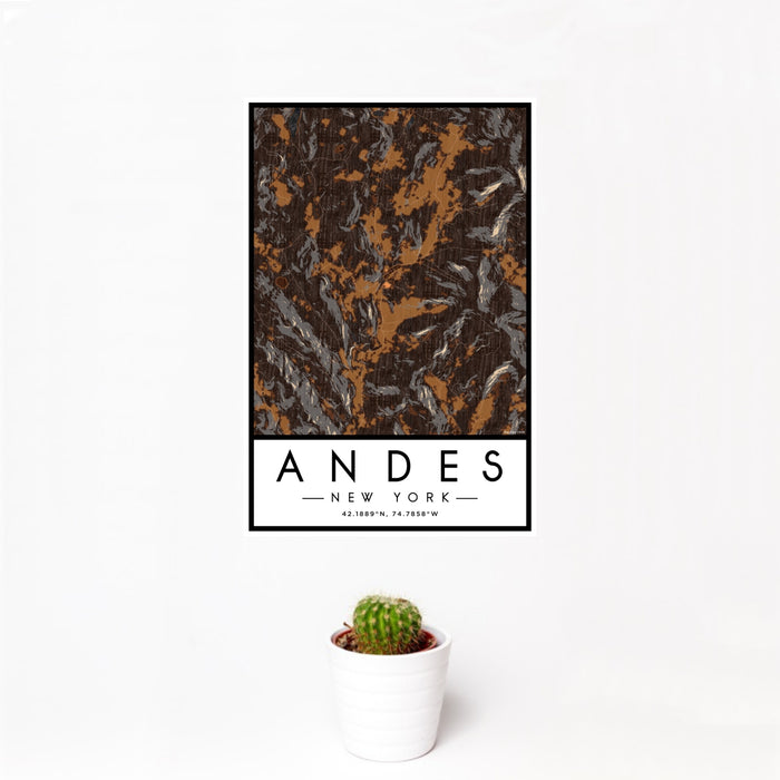 12x18 Andes New York Map Print Portrait Orientation in Ember Style With Small Cactus Plant in White Planter