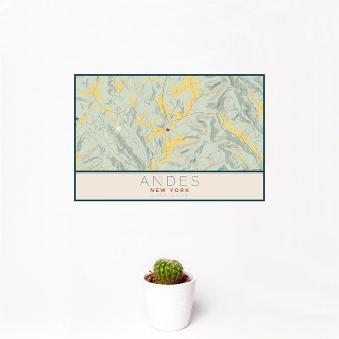 12x18 Andes New York Map Print Landscape Orientation in Woodblock Style With Small Cactus Plant in White Planter