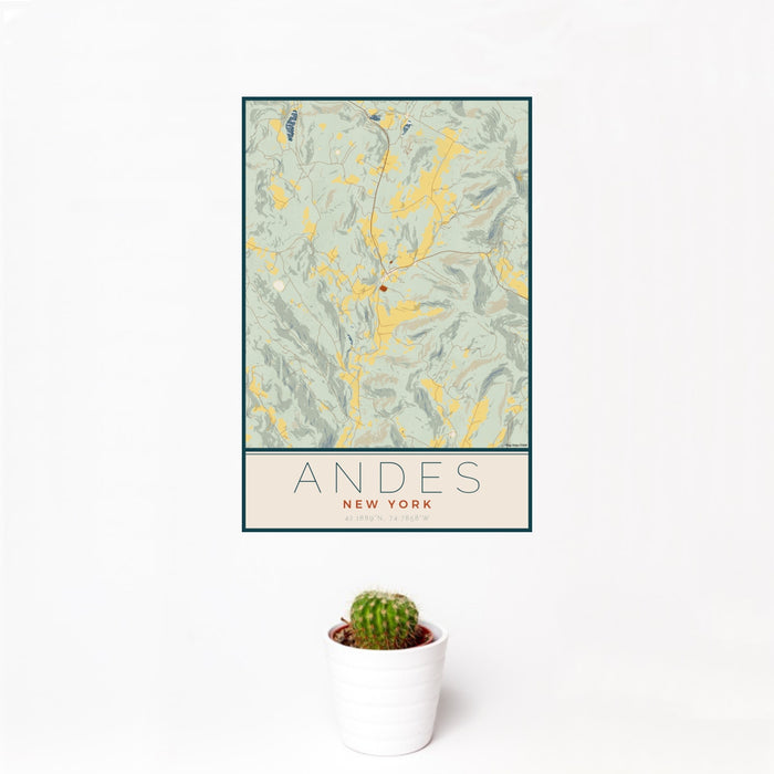 12x18 Andes New York Map Print Portrait Orientation in Woodblock Style With Small Cactus Plant in White Planter