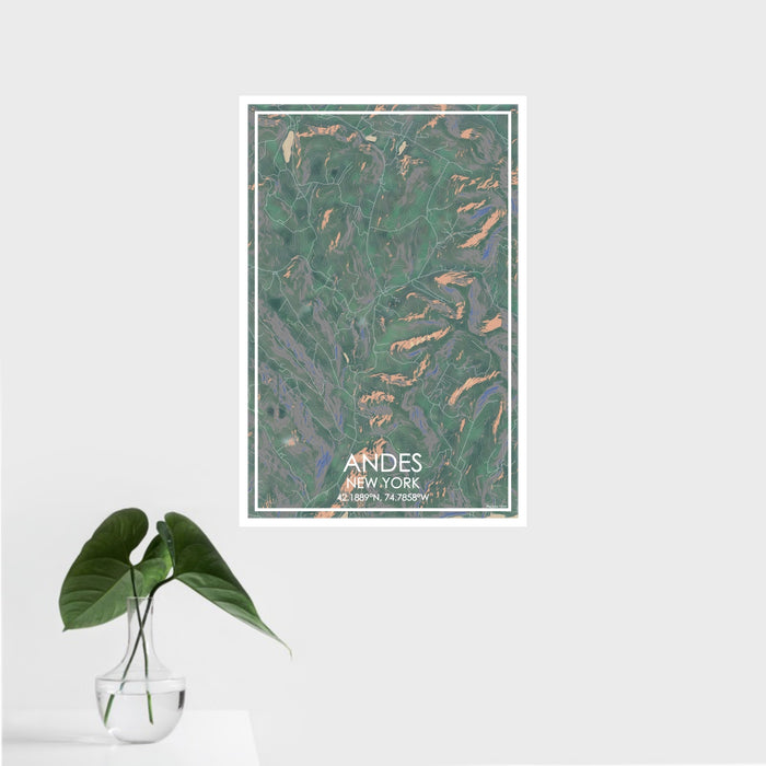 16x24 Andes New York Map Print Portrait Orientation in Afternoon Style With Tropical Plant Leaves in Water