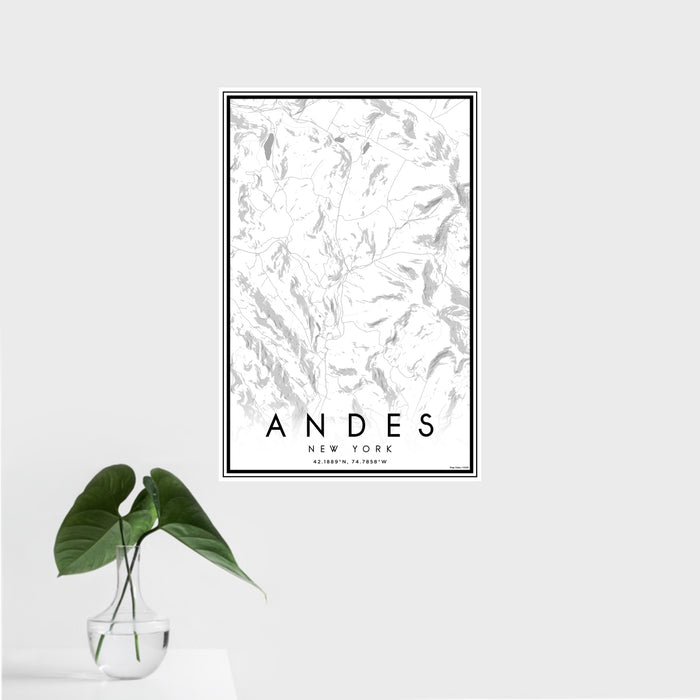 16x24 Andes New York Map Print Portrait Orientation in Classic Style With Tropical Plant Leaves in Water