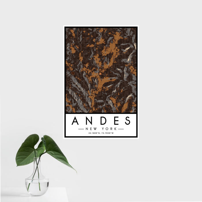 16x24 Andes New York Map Print Portrait Orientation in Ember Style With Tropical Plant Leaves in Water