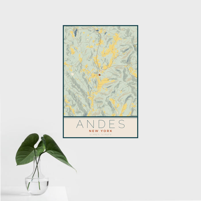 16x24 Andes New York Map Print Portrait Orientation in Woodblock Style With Tropical Plant Leaves in Water