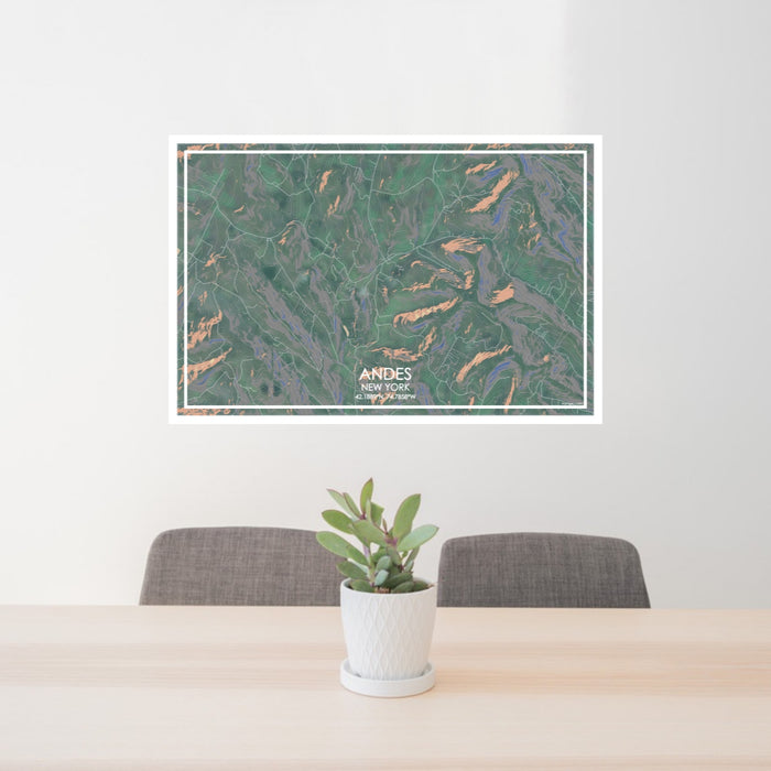 24x36 Andes New York Map Print Lanscape Orientation in Afternoon Style Behind 2 Chairs Table and Potted Plant