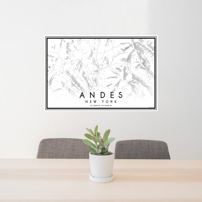 24x36 Andes New York Map Print Lanscape Orientation in Classic Style Behind 2 Chairs Table and Potted Plant