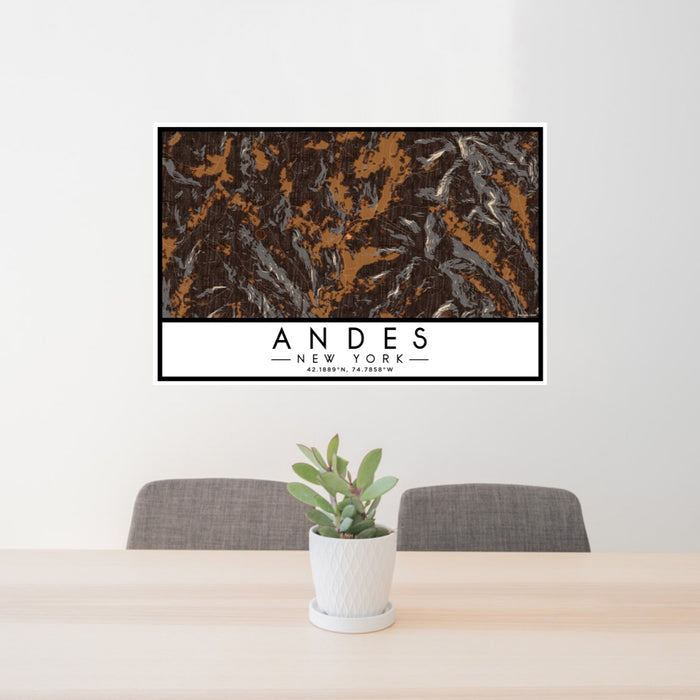 24x36 Andes New York Map Print Lanscape Orientation in Ember Style Behind 2 Chairs Table and Potted Plant