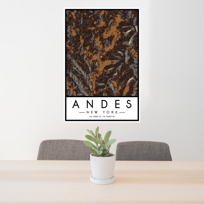 24x36 Andes New York Map Print Portrait Orientation in Ember Style Behind 2 Chairs Table and Potted Plant