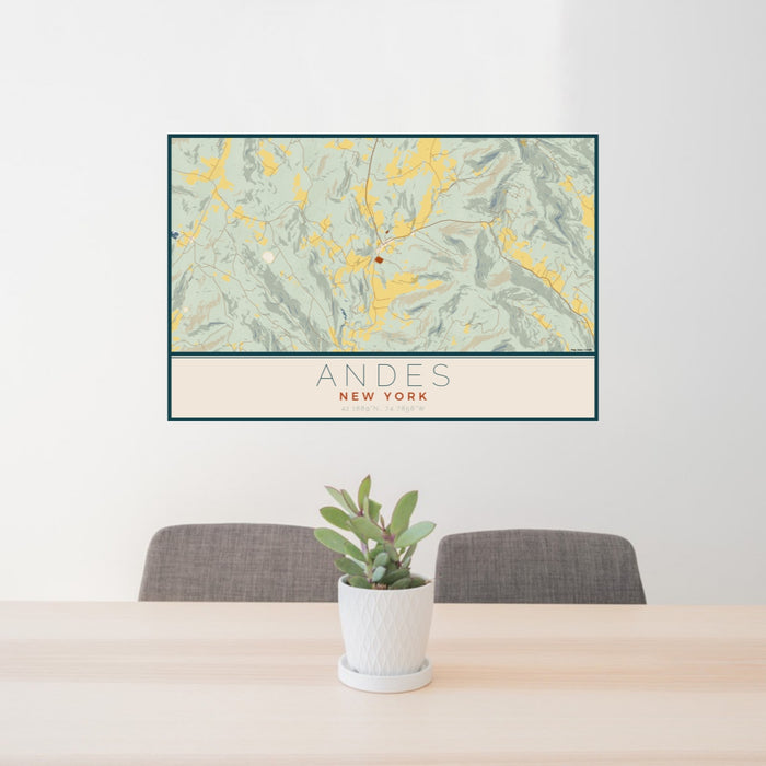 24x36 Andes New York Map Print Lanscape Orientation in Woodblock Style Behind 2 Chairs Table and Potted Plant