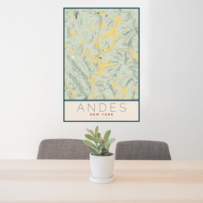24x36 Andes New York Map Print Portrait Orientation in Woodblock Style Behind 2 Chairs Table and Potted Plant