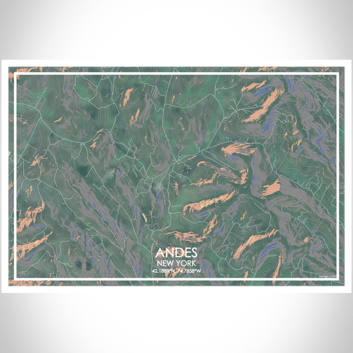 Andes New York Map Print Landscape Orientation in Afternoon Style With Shaded Background