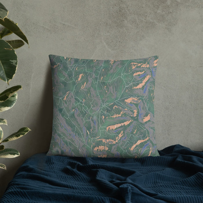Custom Andes New York Map Throw Pillow in Afternoon on Bedding Against Wall